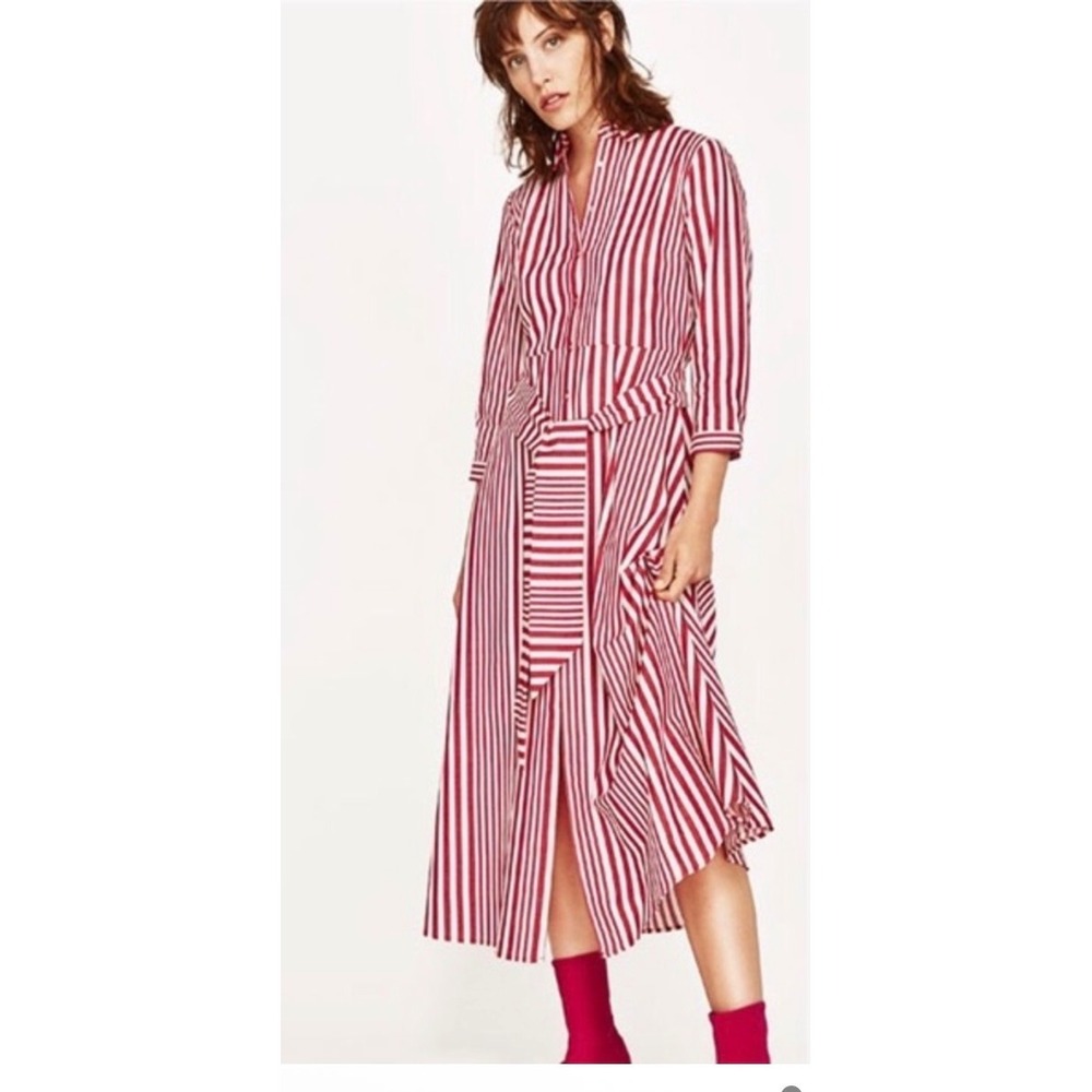 Zara Woman Red White Striped Cotton Midi‎ Shirt Dress with Belt Small